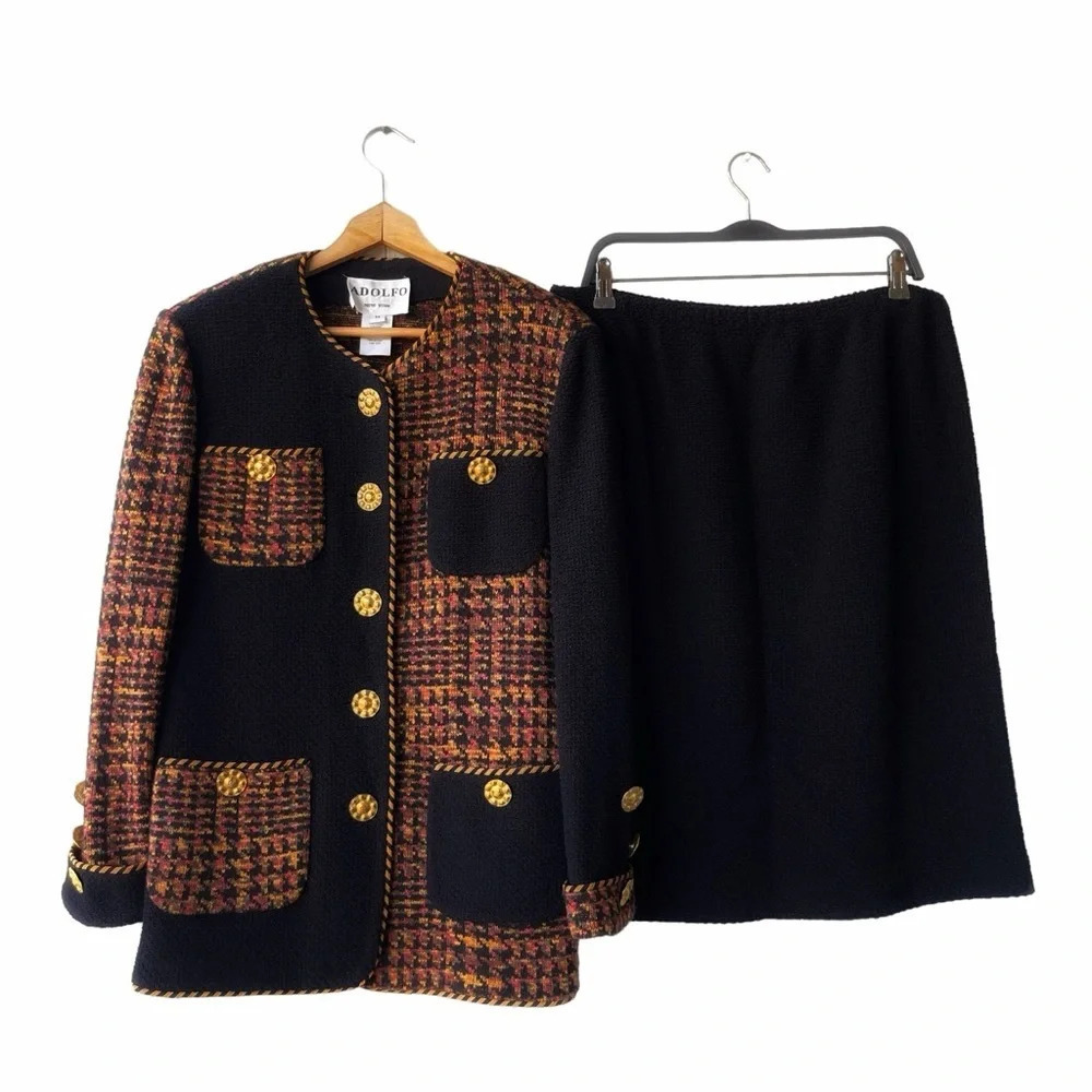 Vtg ADOLFO New York Boucle Skirt Suits Women’s 14 Color Block Gold Button USA
